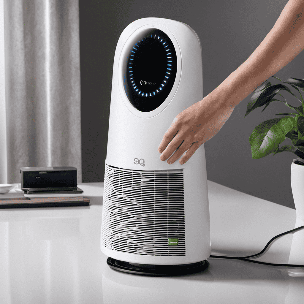 An image capturing the step-by-step process of opening the 3q International Air Purifier, showcasing hands gripping the ergonomic handle, fingers pressing the release button, and the device's sleek exterior
