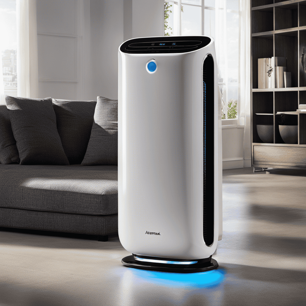 An image depicting an Aeramax Air Purifier with a glowing carbon light symbolizing its activated carbon filter