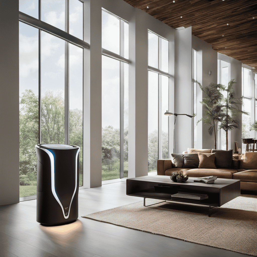 An image showcasing the sleek design of the Aerobiotix Aero One air purifier, positioned in a modern living room