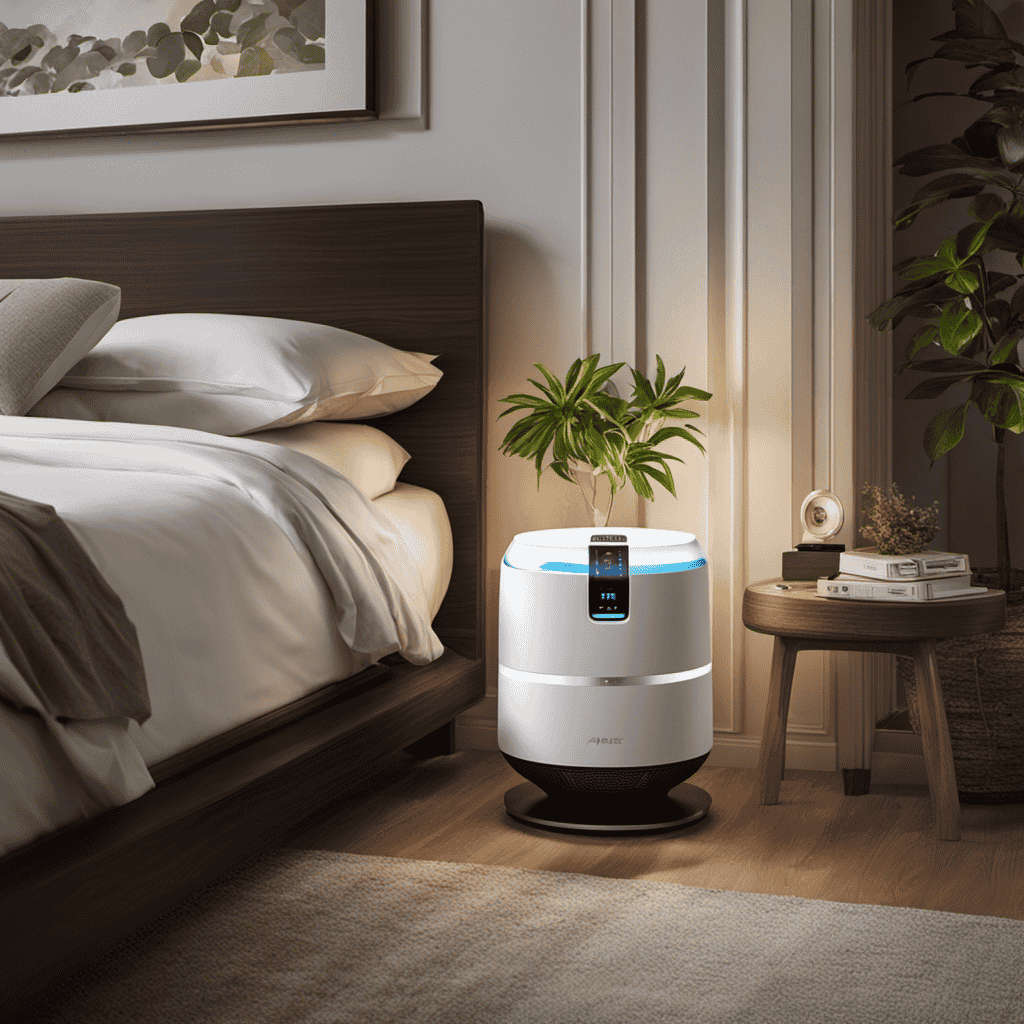An image showcasing a serene bedroom setting with the Air Police Air Purifier prominently placed on a nightstand