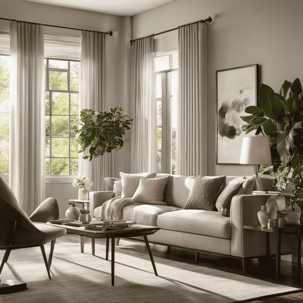 An image showcasing an inviting living room with soft, filtered sunlight streaming through the curtains, while an air purifier quietly works in the background, capturing dust particles and allergens, offering relief to those with asthma