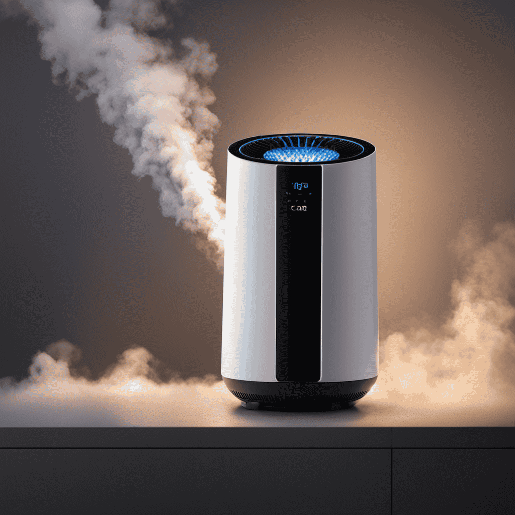 An image showcasing an air purifier surrounded by a dense cloud of microscopic particles