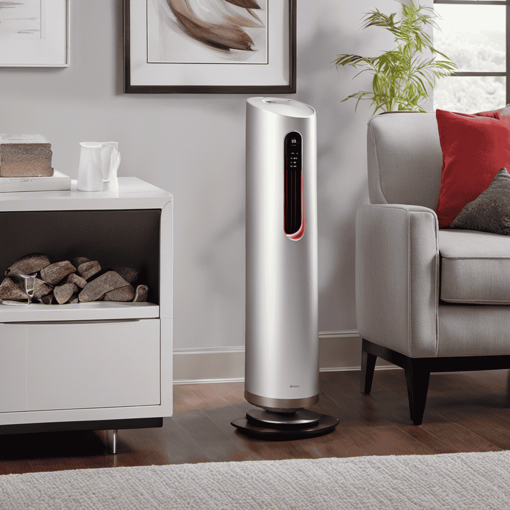 An image showcasing a sleek Air Purifier from Costco, emitting a soft, soothing red light
