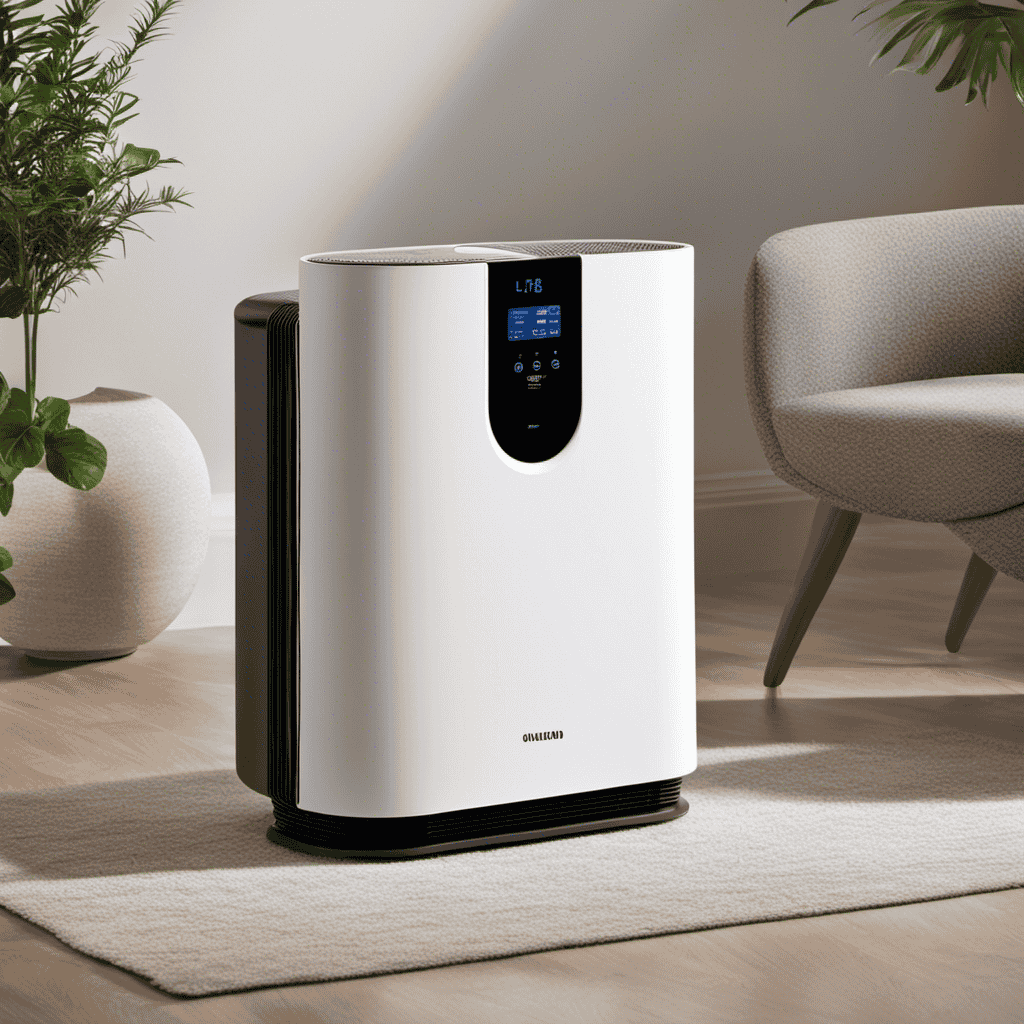 An image that showcases an air purifier effortlessly eliminating microscopic pollutants like dust, pollen, and pet dander from the air, leaving behind a serene and clean environment