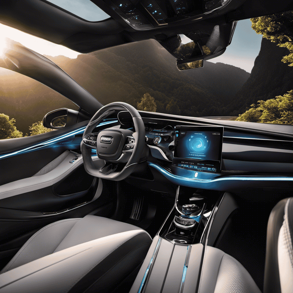 An image showcasing a sleek, modern car interior with an air purifier discreetly mounted on the dashboard