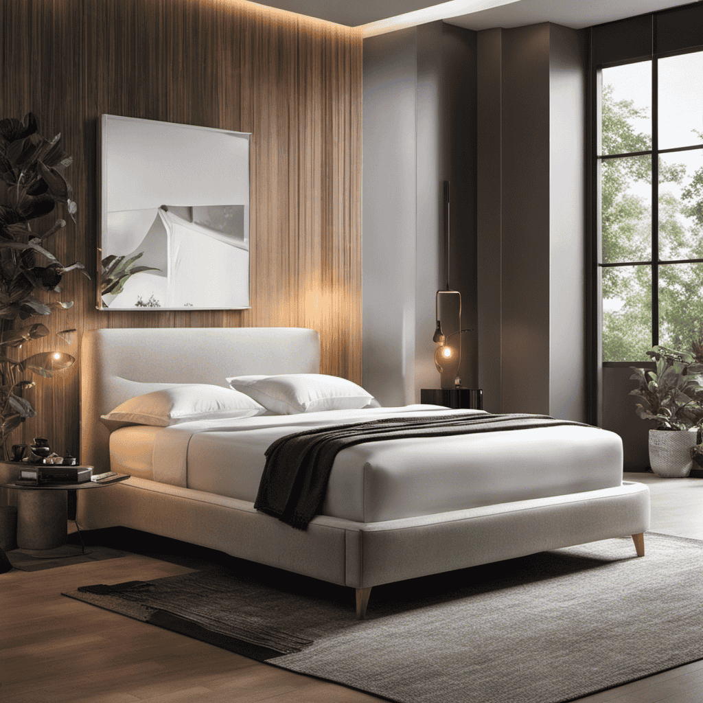 An image showcasing a serene bedroom with an air purifier softly humming in the corner, capturing particles in its advanced filtration system