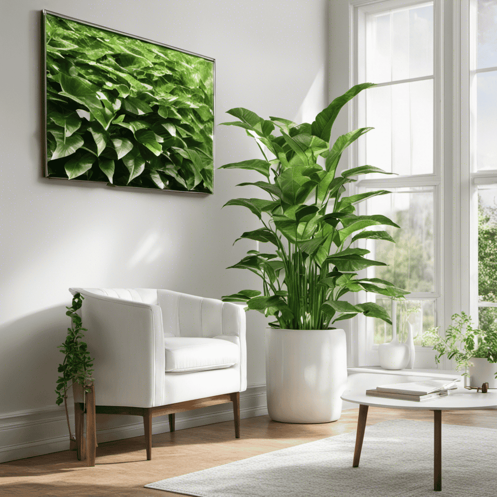 An image featuring a crisp white background with a vibrant green leafy plant and a beam of sunlight streaming through a window, showcasing an air purifier standing elegantly nearby, effortlessly purifying the air