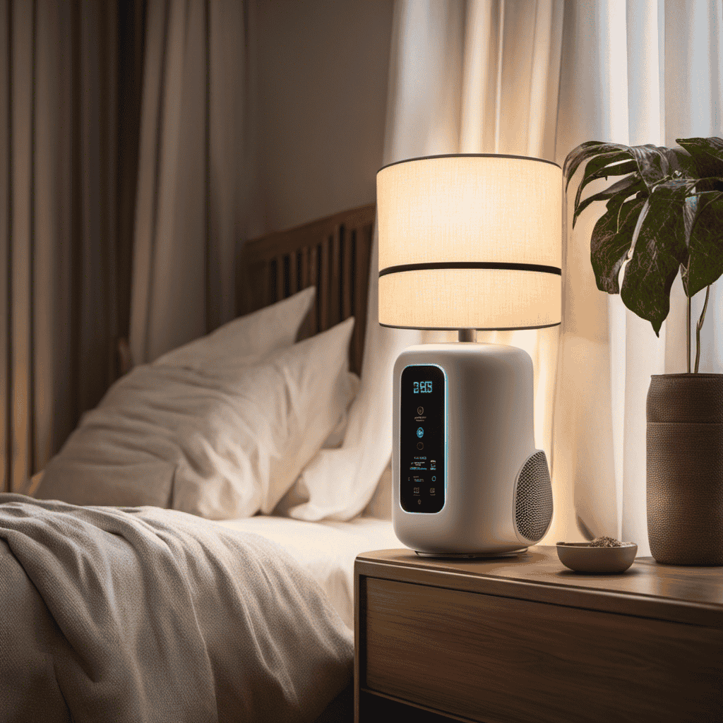 An image showing a serene bedroom setting with an air purifier placed on a nightstand