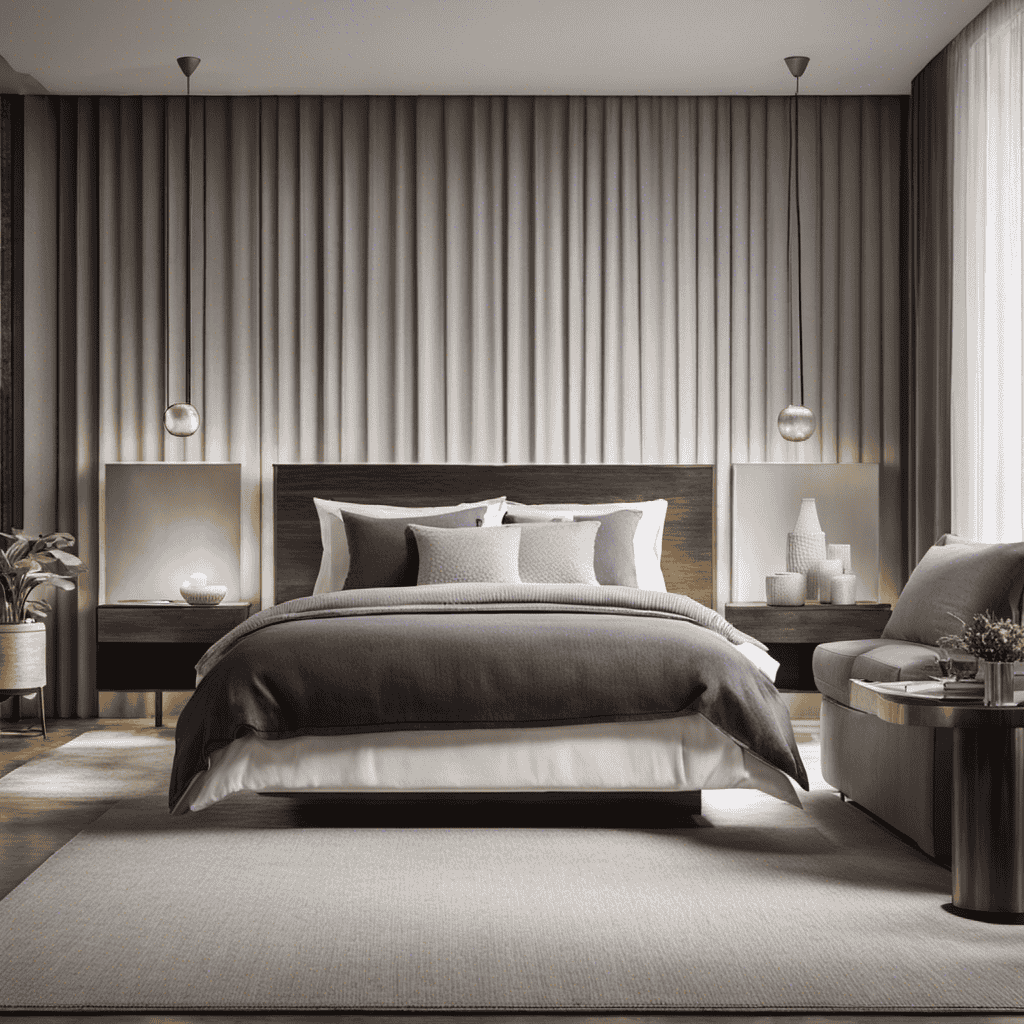 An image that showcases a serene bedroom with an air purifier softly humming on a nightstand, capturing the subtle movement of dust particles being effortlessly filtered out of the air