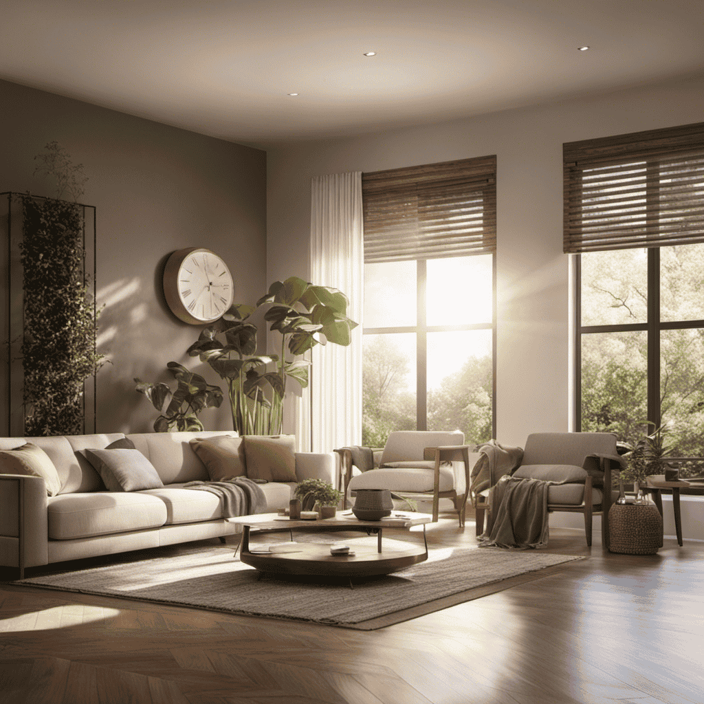 An image that portrays a serene living room with an air purifier placed on a side table