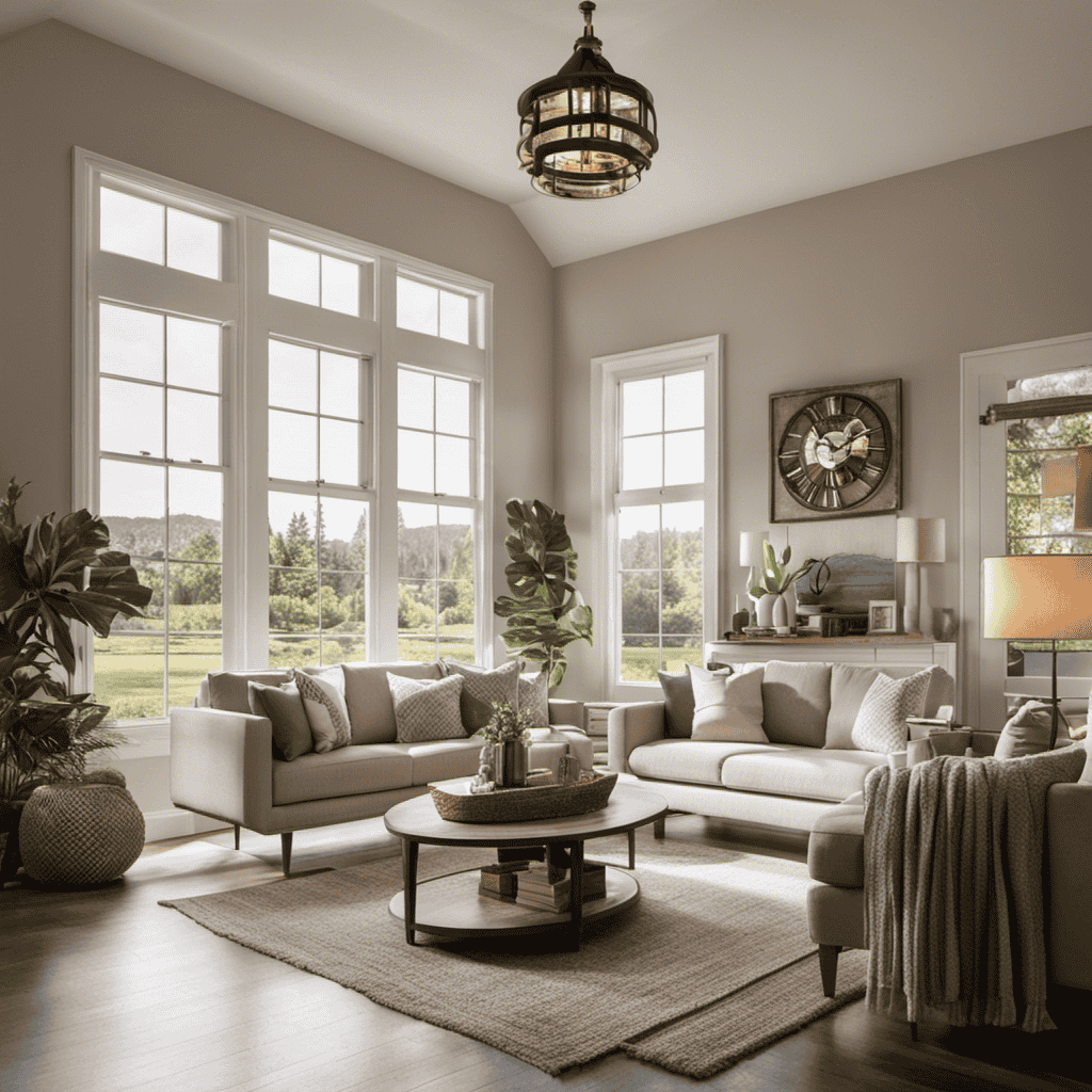 An image of a cozy living room with soft, natural lighting streaming through open windows