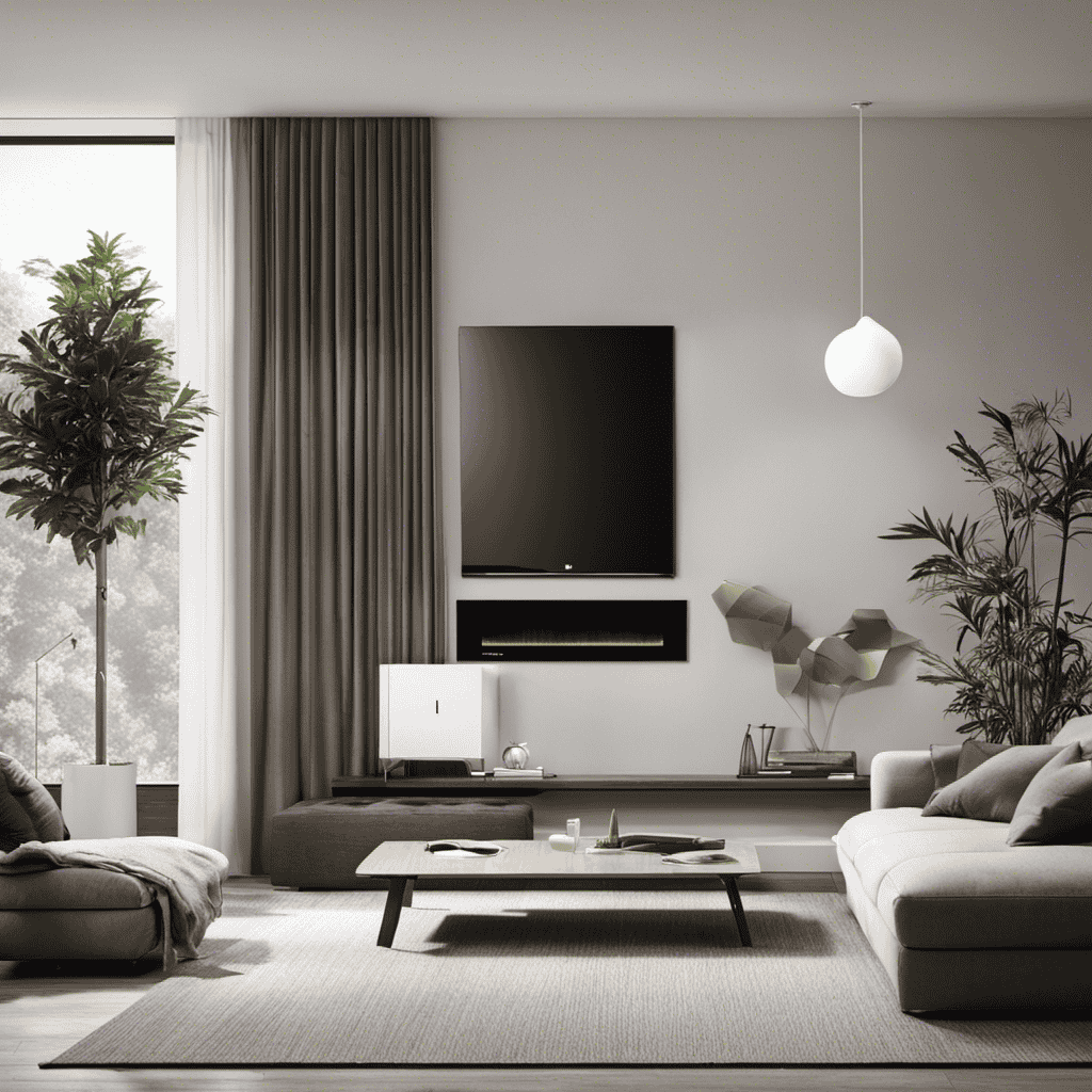 An image showcasing a modern living room with a high-quality air purifier placed prominently in the corner