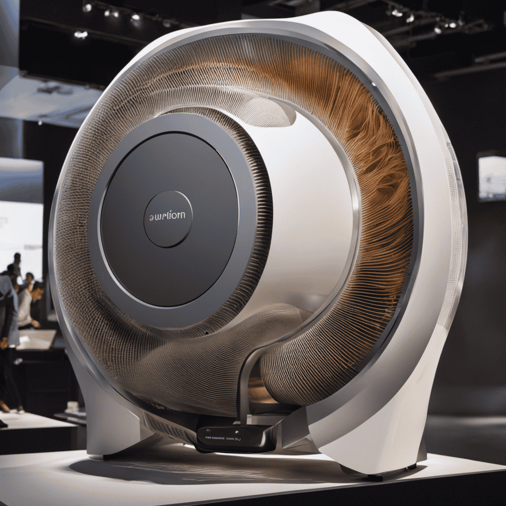 An image showcasing the intricate mechanism of an air purifier in action: a cross-section view revealing a powerful fan drawing in polluted air, passing it through a dense filter, and releasing fresh, purified air