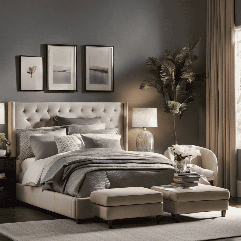 An image showcasing a serene bedroom scene with an air purifier placed strategically on a nightstand beside a cozy armchair