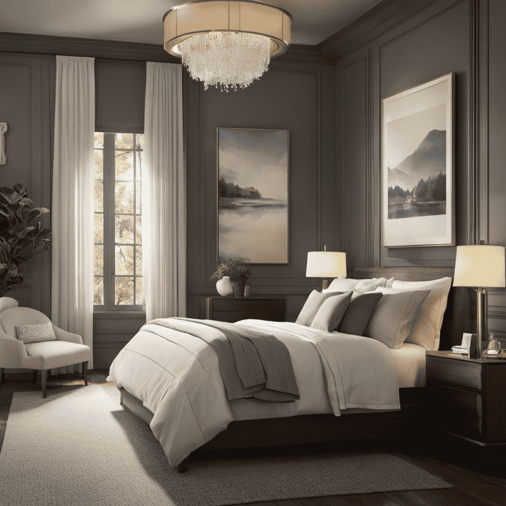 An image capturing a serene bedroom scene with an air purifier quietly humming in the corner