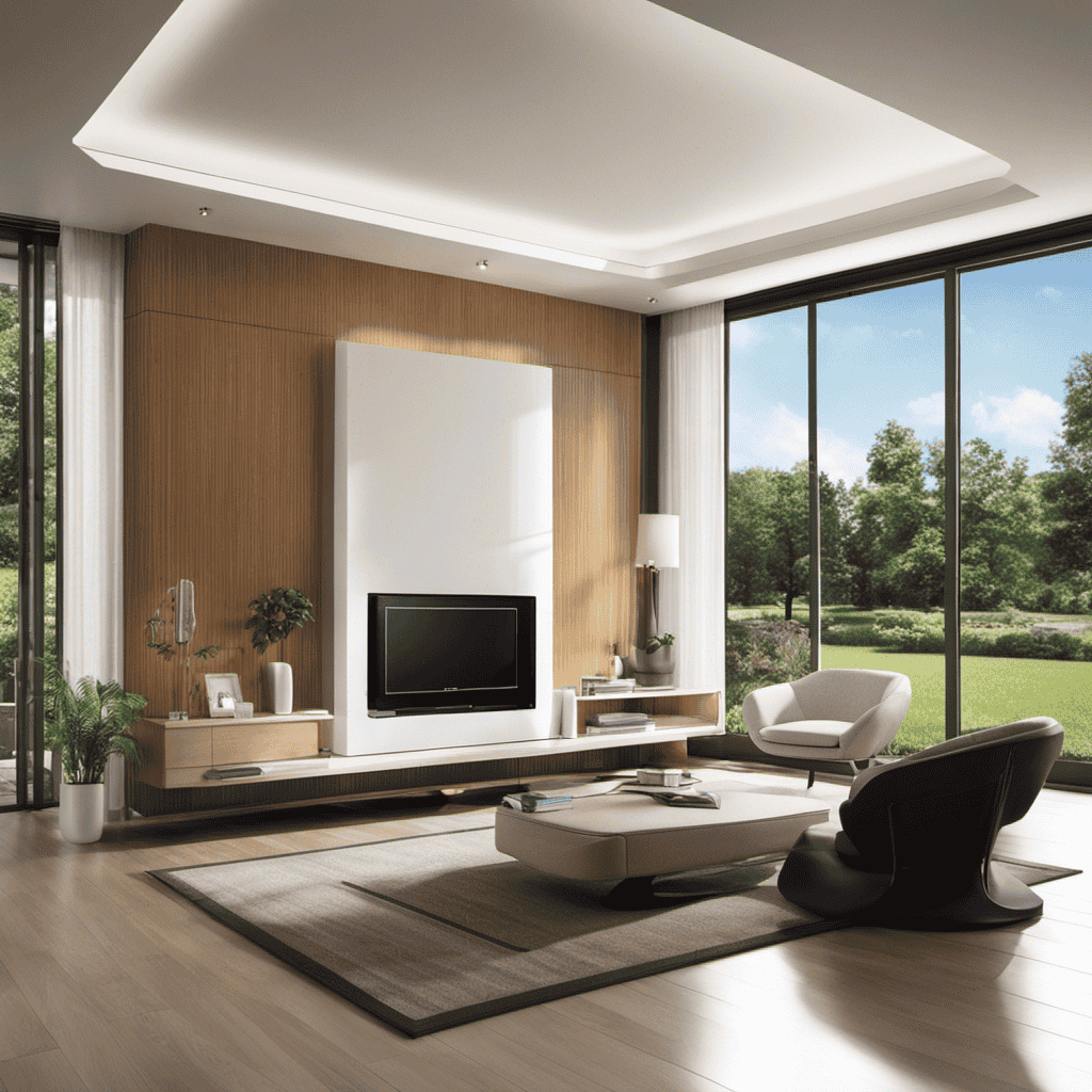 An image that depicts a serene living room with sunlight streaming in through open windows, showcasing the Air Purifier Model No Hap 9425