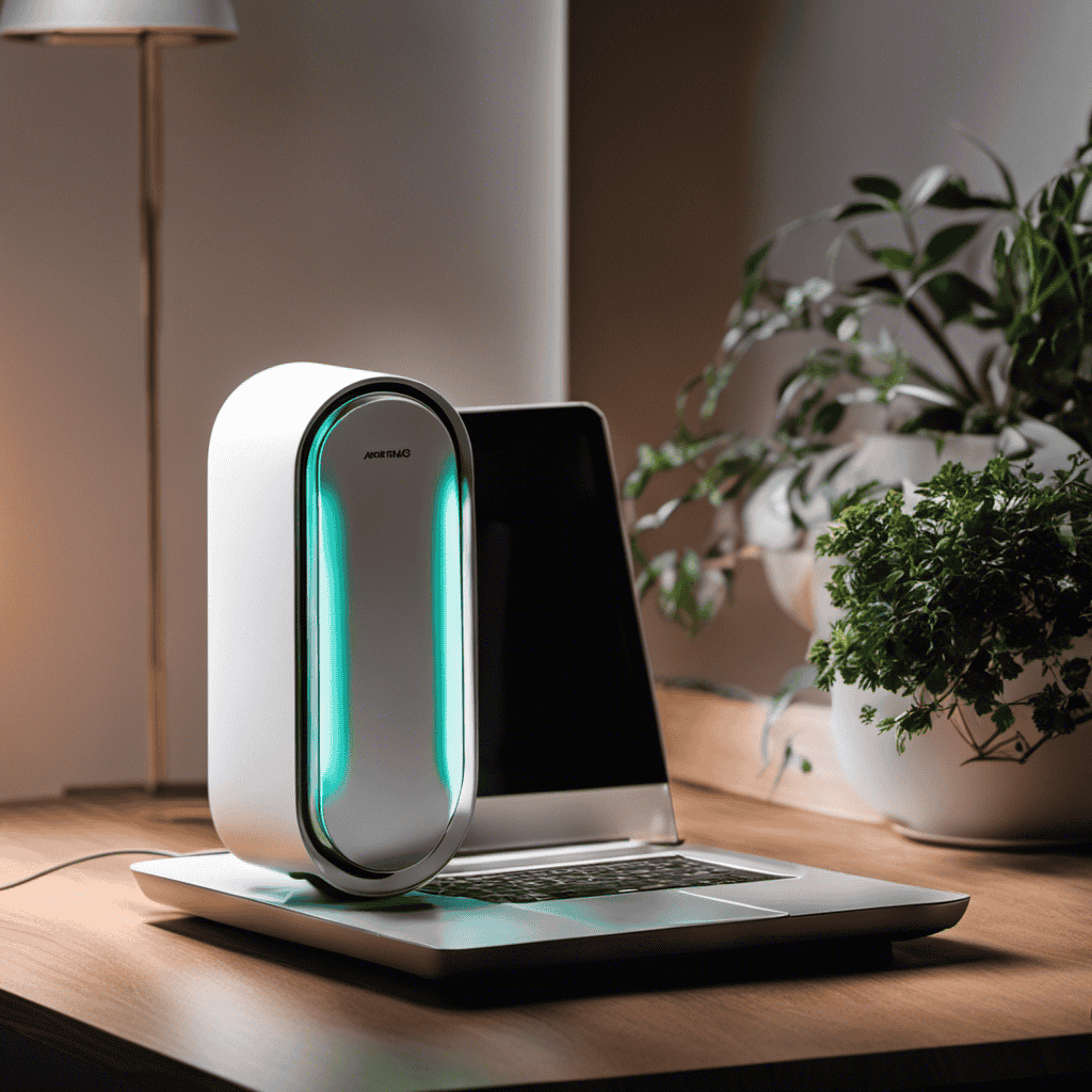 An image showcasing an air purifier, compact and sleek, with a USB cable emerging from its base, artfully plugged into a laptop