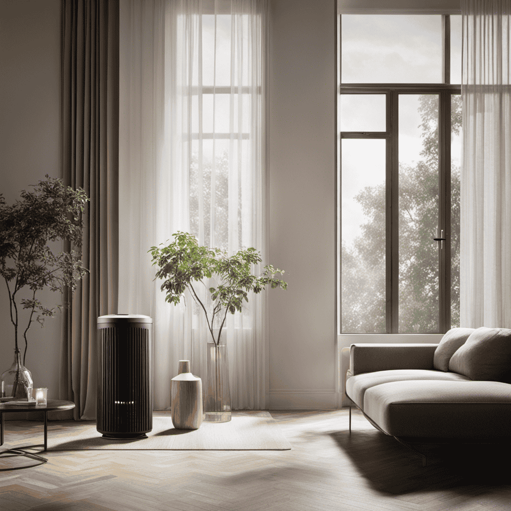An image showcasing the dichotomy of an air purifier: against a backdrop of smoky air, a pristine living room is divided by a transparent line, on one side, dust particles linger while the other side remains clean and fresh