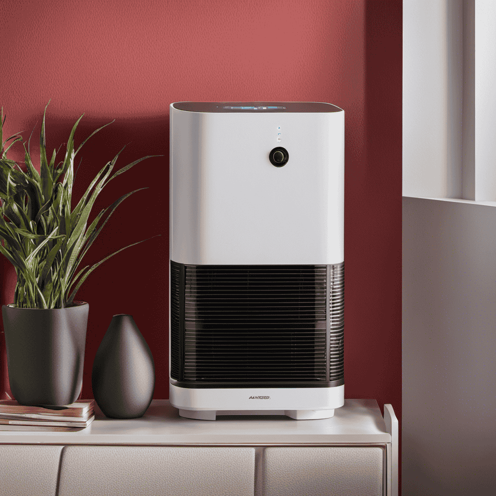 -up image of an air purifier with a built-in humidifier, showing a vibrant red LED light illuminating from the device's control panel, indicating that the humidifier function is active