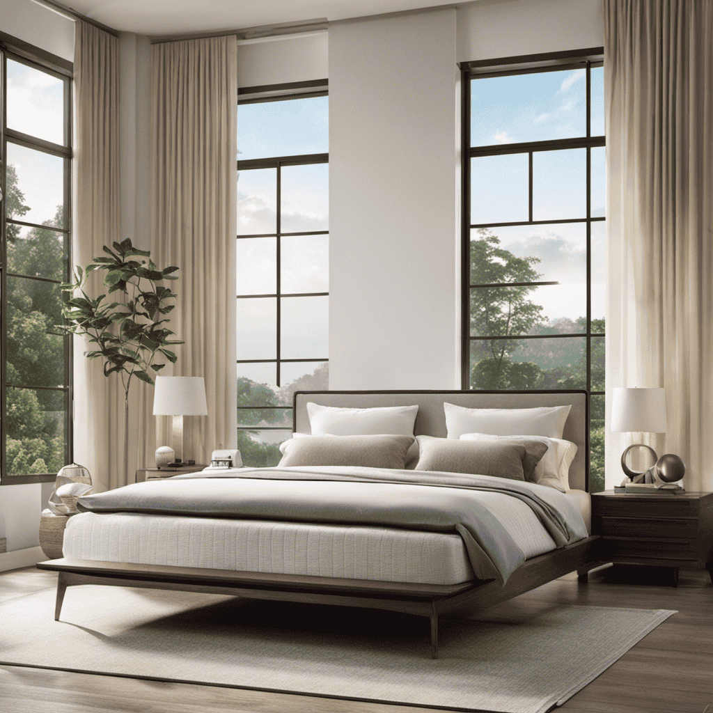 An image showcasing a serene bedroom with an open window, allowing a gentle breeze and sunlight to filter in