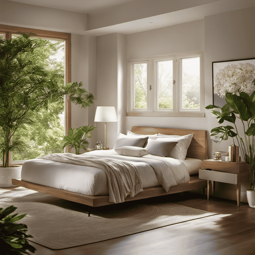 An image showcasing the transformative power of an air purifier - a serene bedroom scene with sunlight filtering through clean, crisp air, casting a warm glow on the freshly bloomed flowers, inviting deep breaths of pure, revitalizing oxygen
