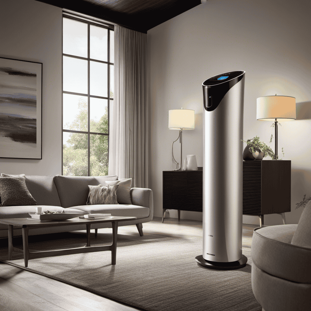 An image showcasing an air purifier in a well-lit living room, capturing the device's sleek design and effectiveness by depicting clean, purified air flowing effortlessly through its filters while capturing and eliminating microscopic particles and allergens