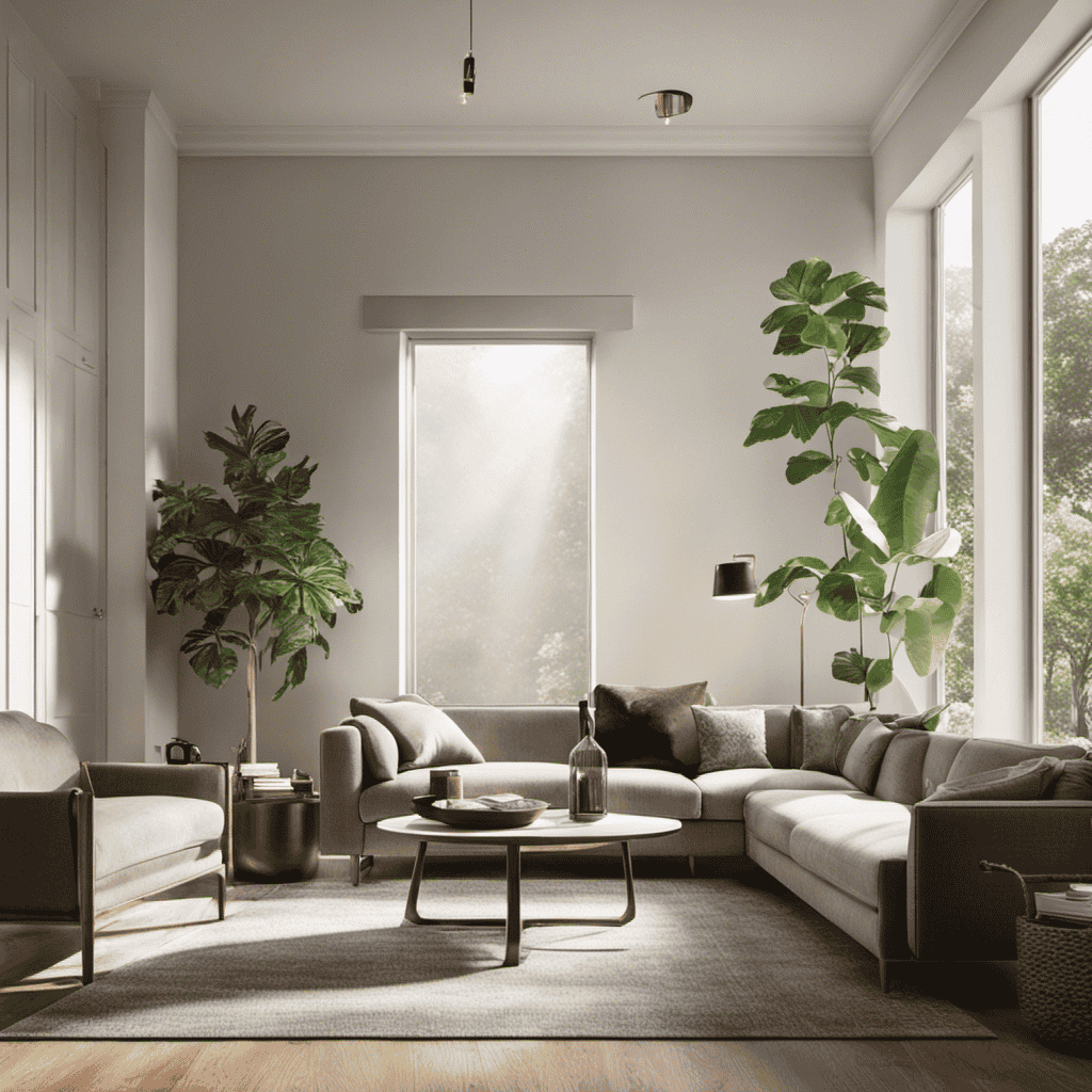 An image that showcases an inviting living room with an air purifier subtly placed on a side table