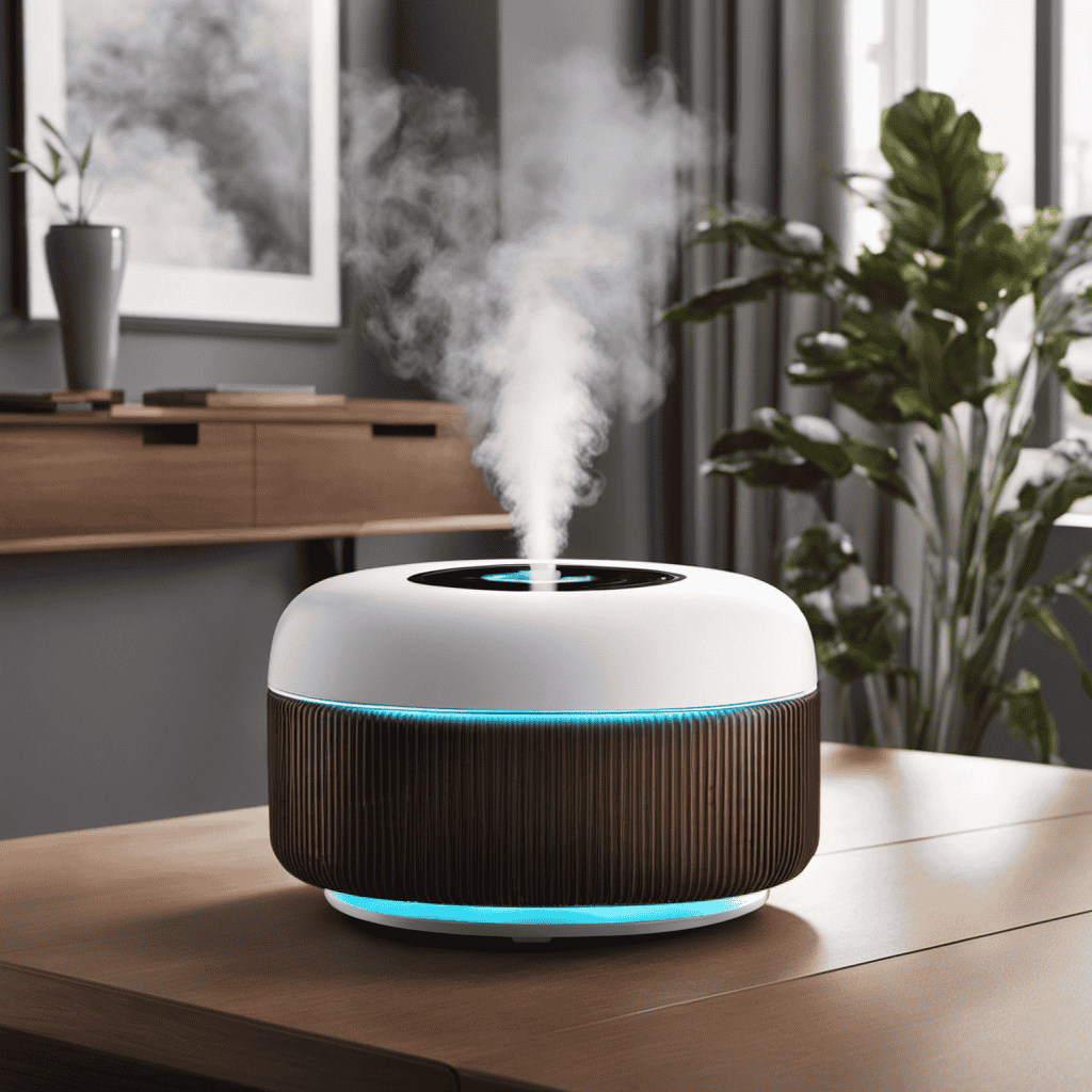 An image that showcases an air purifier sitting on a table in a smoky room, capturing the swirling smoke being cleansed by the purifier's filters, with a serene atmosphere and fresh air filling the space
