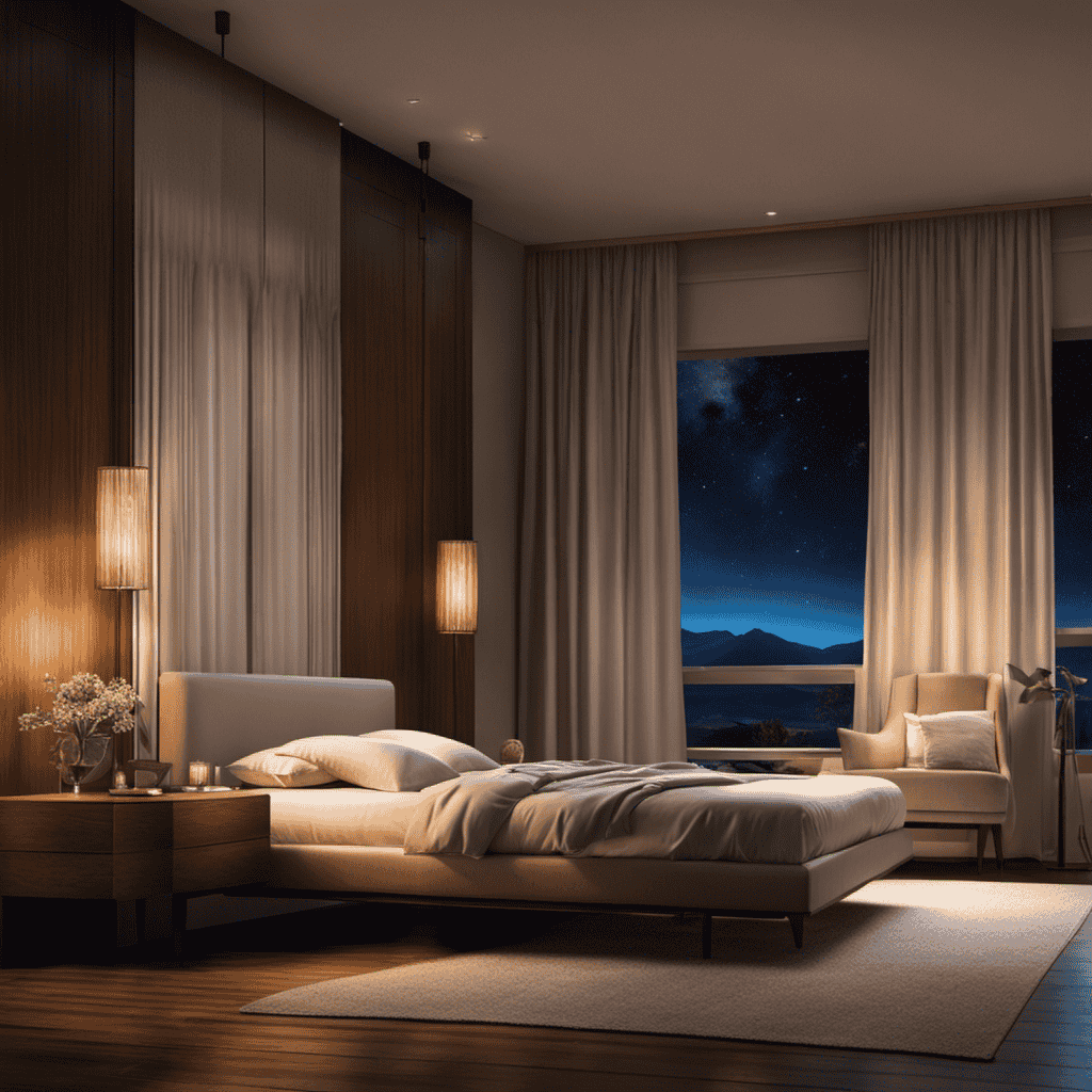 An image that depicts a serene bedroom scene at night, with a soft glow from a bedside lamp, where a person peacefully sleeps while an air purifier quietly removes allergens, surrounded by a clean and fresh atmosphere