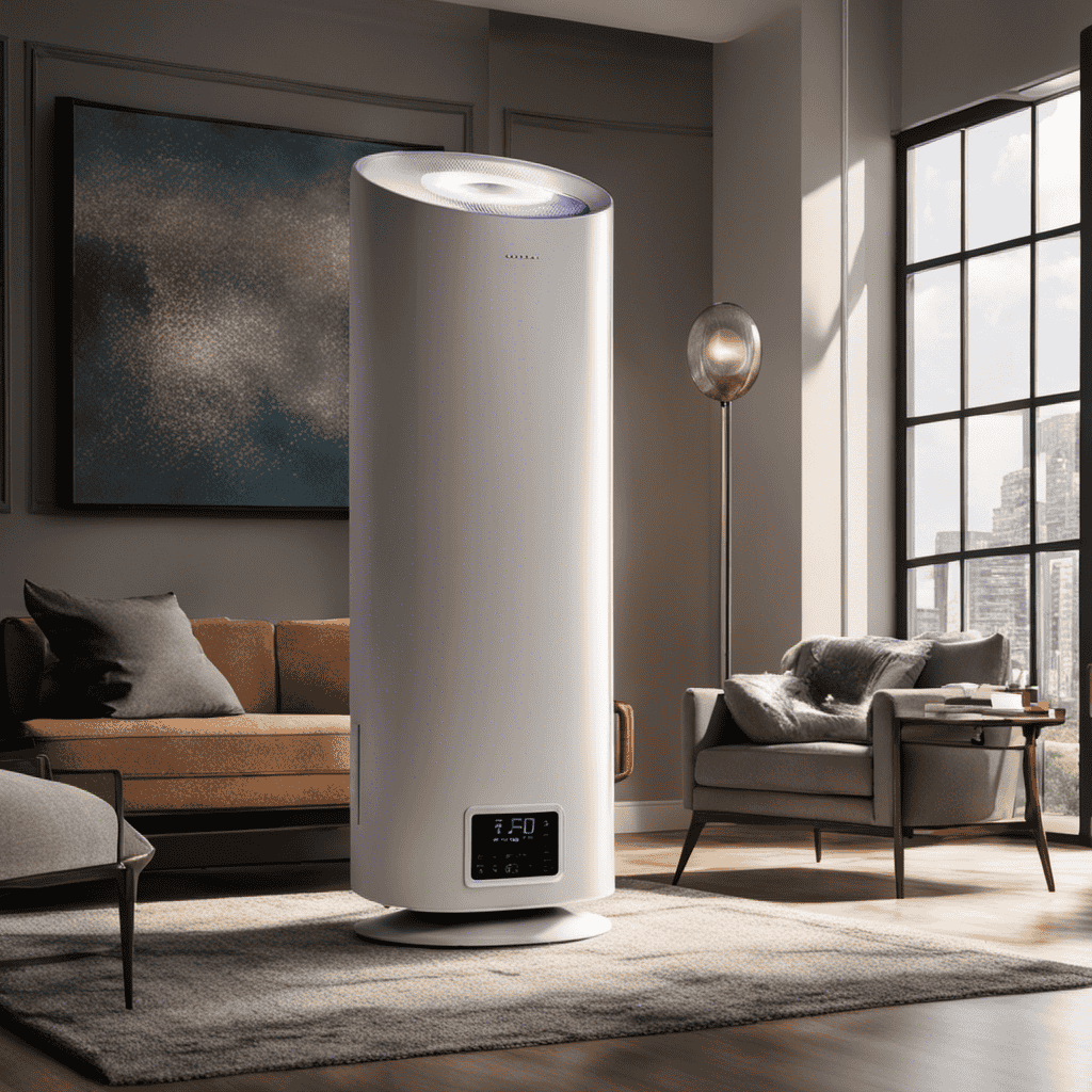 An image that showcases an air purifier in a dimly lit room, with particles suspended in the air