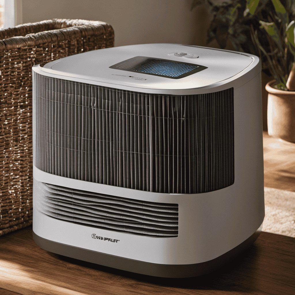 An image showcasing a well-worn, dusty HEPA filter in an air purifier, surrounded by clean, fresh air