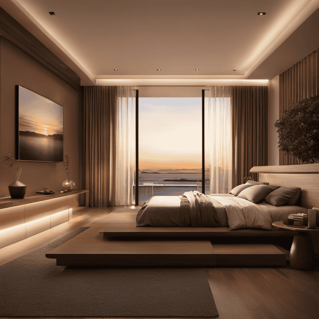 An image of a serene bedroom at dusk, softly illuminated by warm, golden light