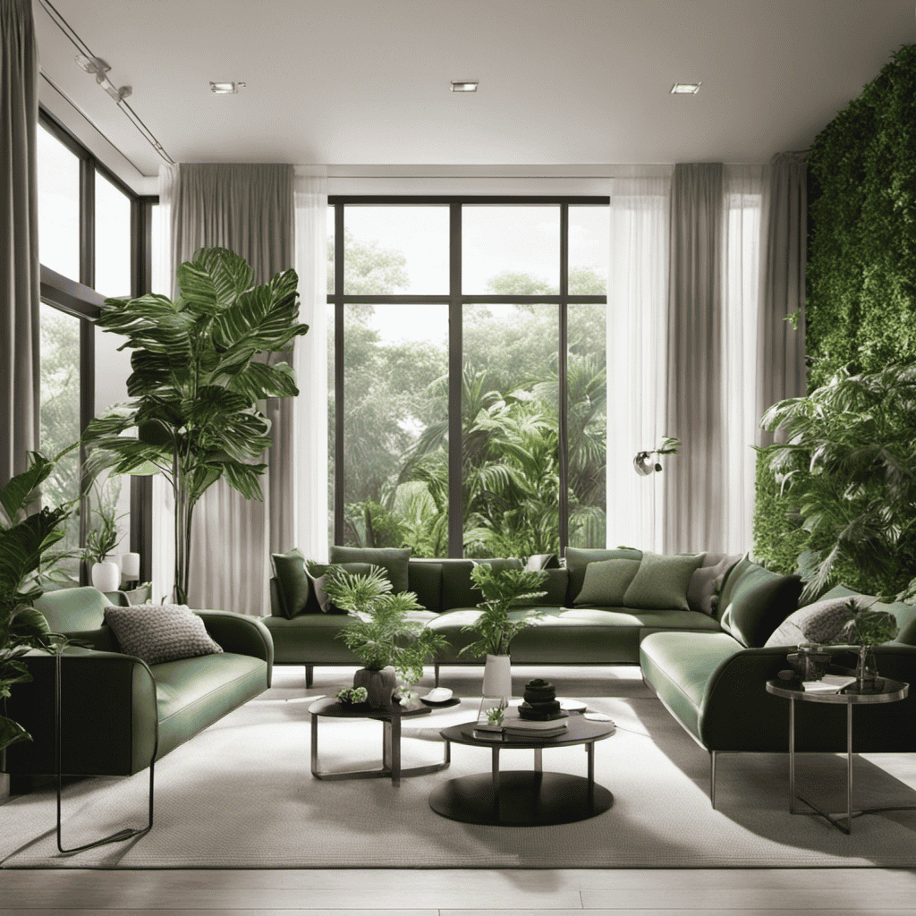 An image showcasing a serene living room with soft natural lighting, adorned with lush green plants