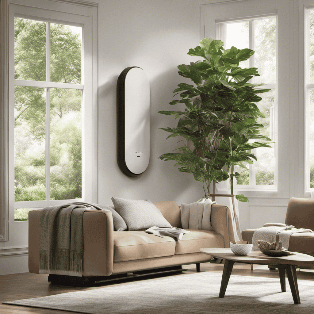 An image featuring a serene living room, bathed in natural light, with a sleek, modern air purifier discreetly nestled in the corner
