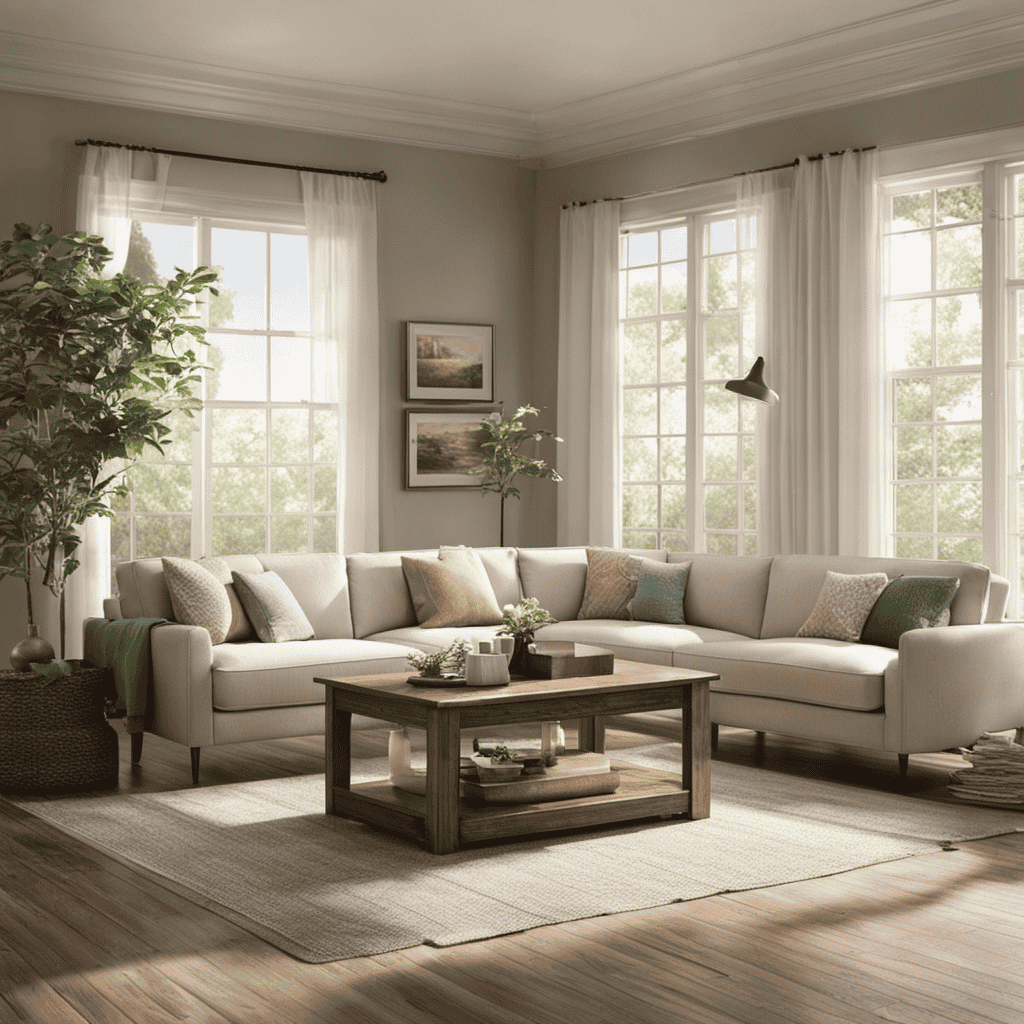An image showcasing a serene living room with sunlight streaming through clean windows