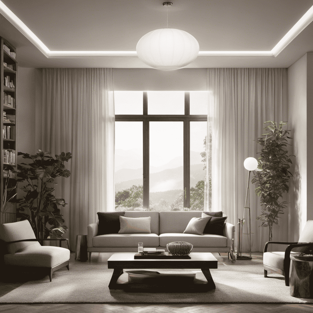 An image featuring a serene living room with an air purifier emitting ozone