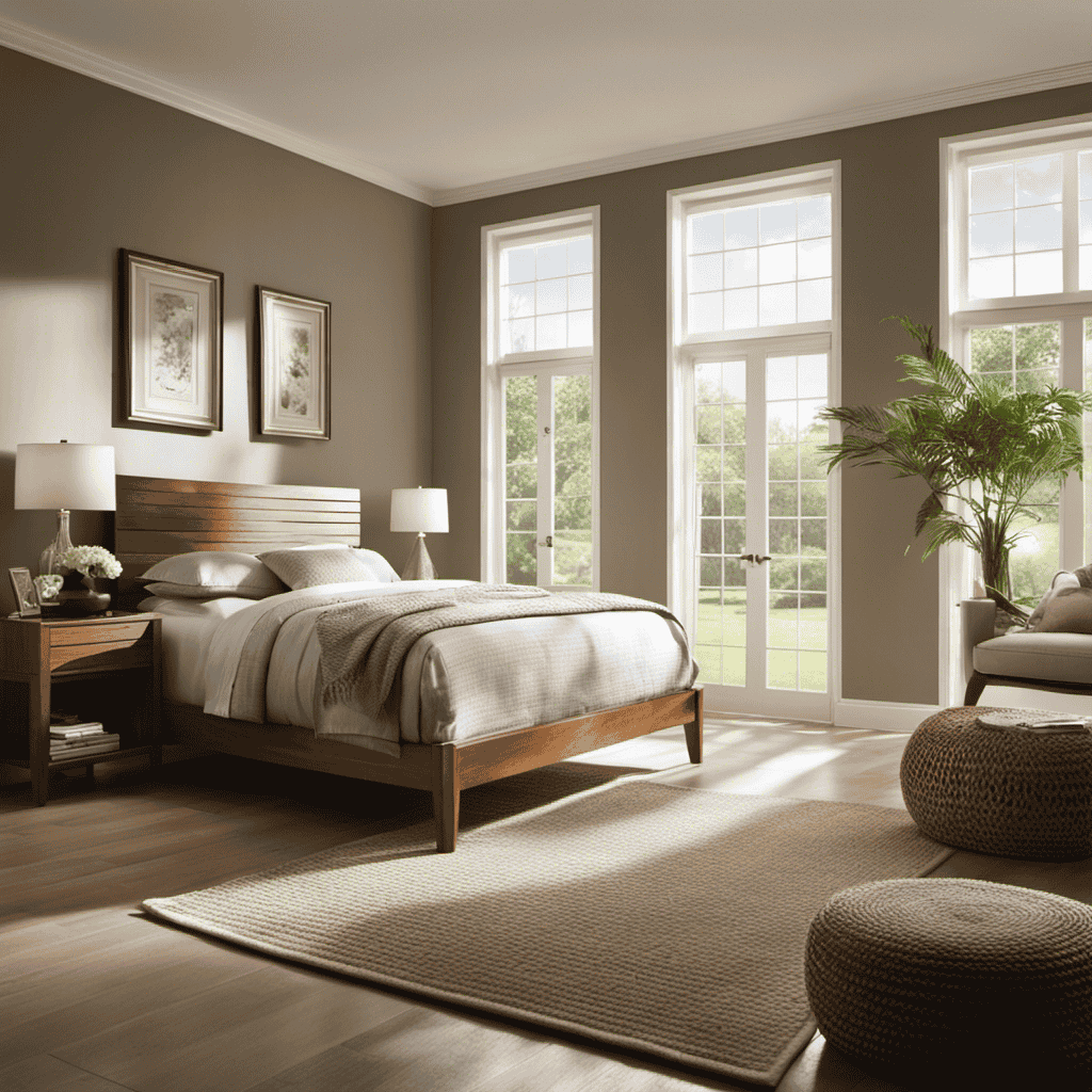 An image showcasing a serene bedroom scene with soft, filtered sunlight streaming through spotless windows, as an air purifier quietly eliminates allergens and dust particles, ensuring a peaceful environment for allergy and asthma sufferers