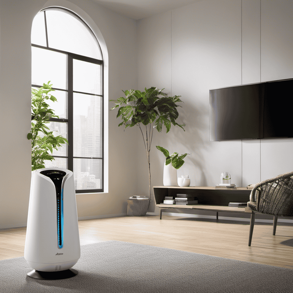 An image showcasing a living room with the Airfree Air Purifier placed in a central location, surrounded by clean, fresh air