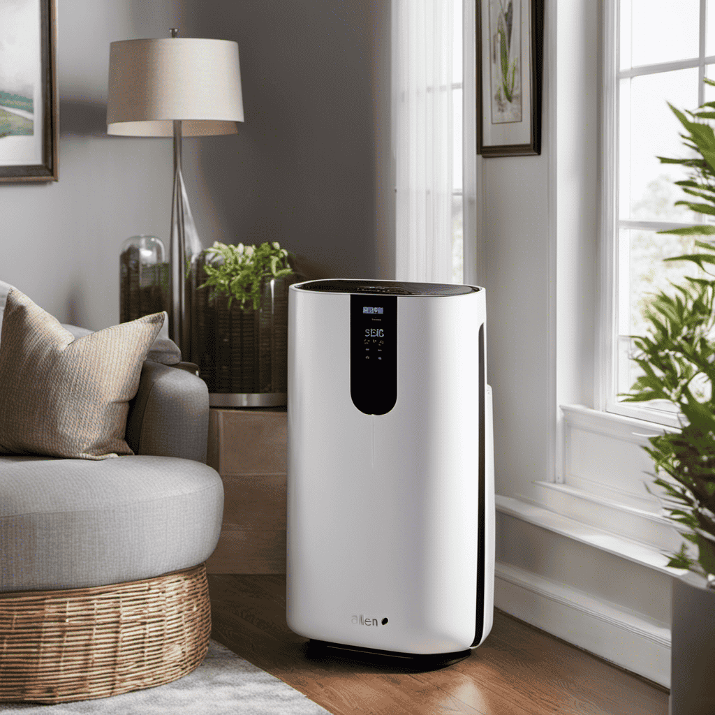 An image showcasing the Alen Breathesmart Fit50 HEPA Air Purifier in a room, surrounded by a cloud of clean, fresh air