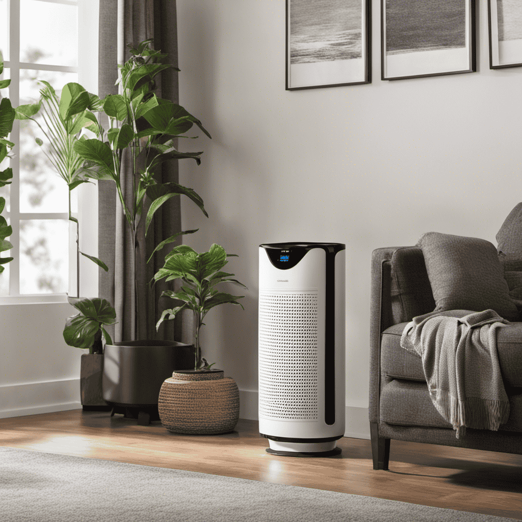 An image showcasing a sleek, modern air purifier placed in a cozy living room
