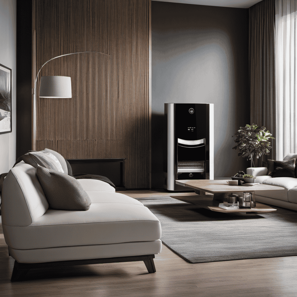 An image showcasing a modern living room with a sleek, state-of-the-art air purifier and humidifier from the American Lung Association in California, effortlessly purifying the air and enhancing overall comfort