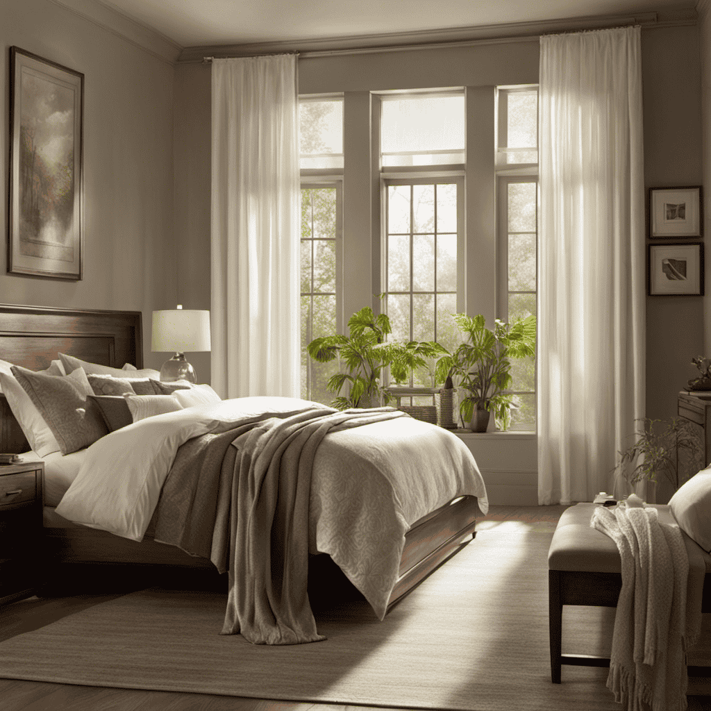 An image depicting a serene bedroom scene with soft, filtered sunlight streaming through open windows, highlighting an air purifier silently clearing the air