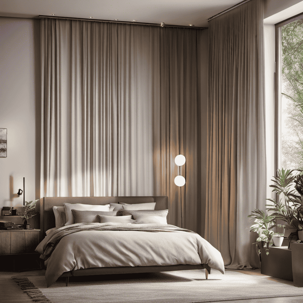 An image showcasing a cozy bedroom with a sleek, modern air purifier quietly running in the corner