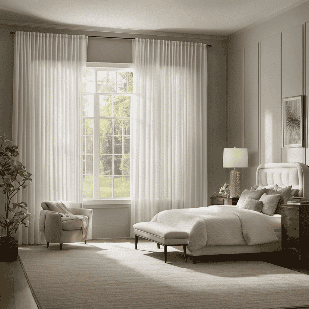 An image capturing a serene bedroom scene with soft morning light filtering through sheer curtains, as an air purifier quietly hums, capturing microscopic particles, providing relief from asthma triggers in the air
