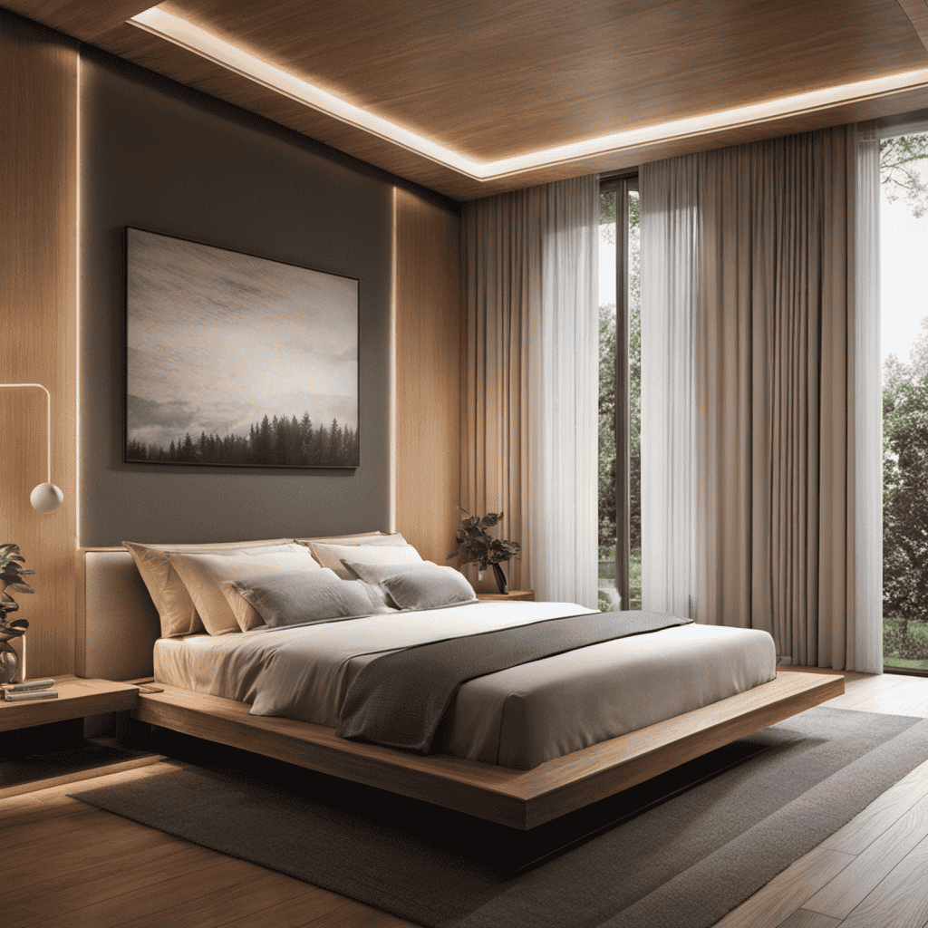 An image showcasing a serene bedroom environment, with a dehumidifier and air purifier prominently placed
