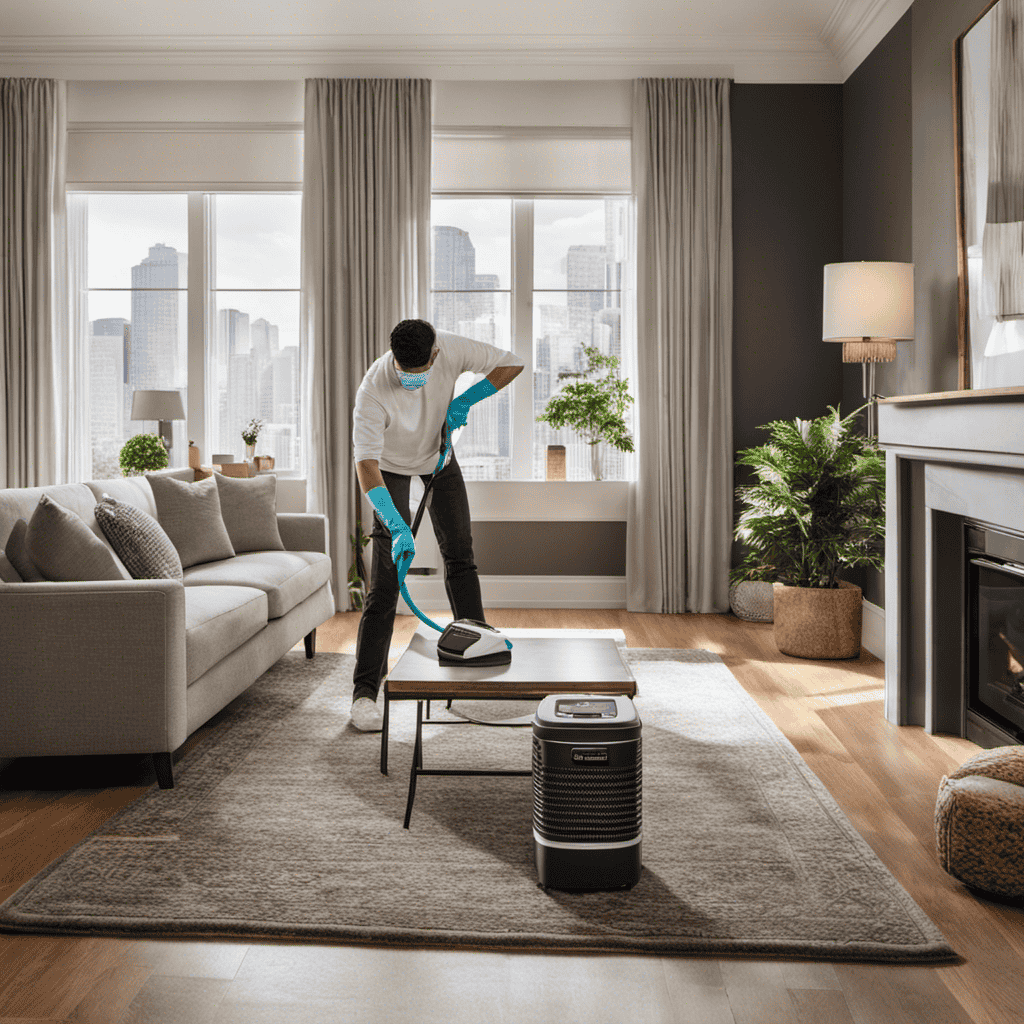 An image showcasing a clean, clutter-free room with a person wearing gloves, wiping down surfaces with a disinfectant, while an Austin Air Purifier stands prominently in the corner, ready to be used