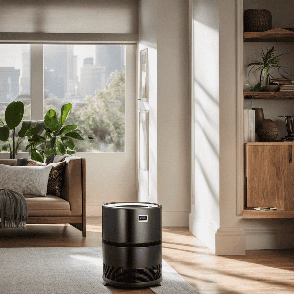 An image showcasing a well-lit room with an Austin Air Purifier placed prominently