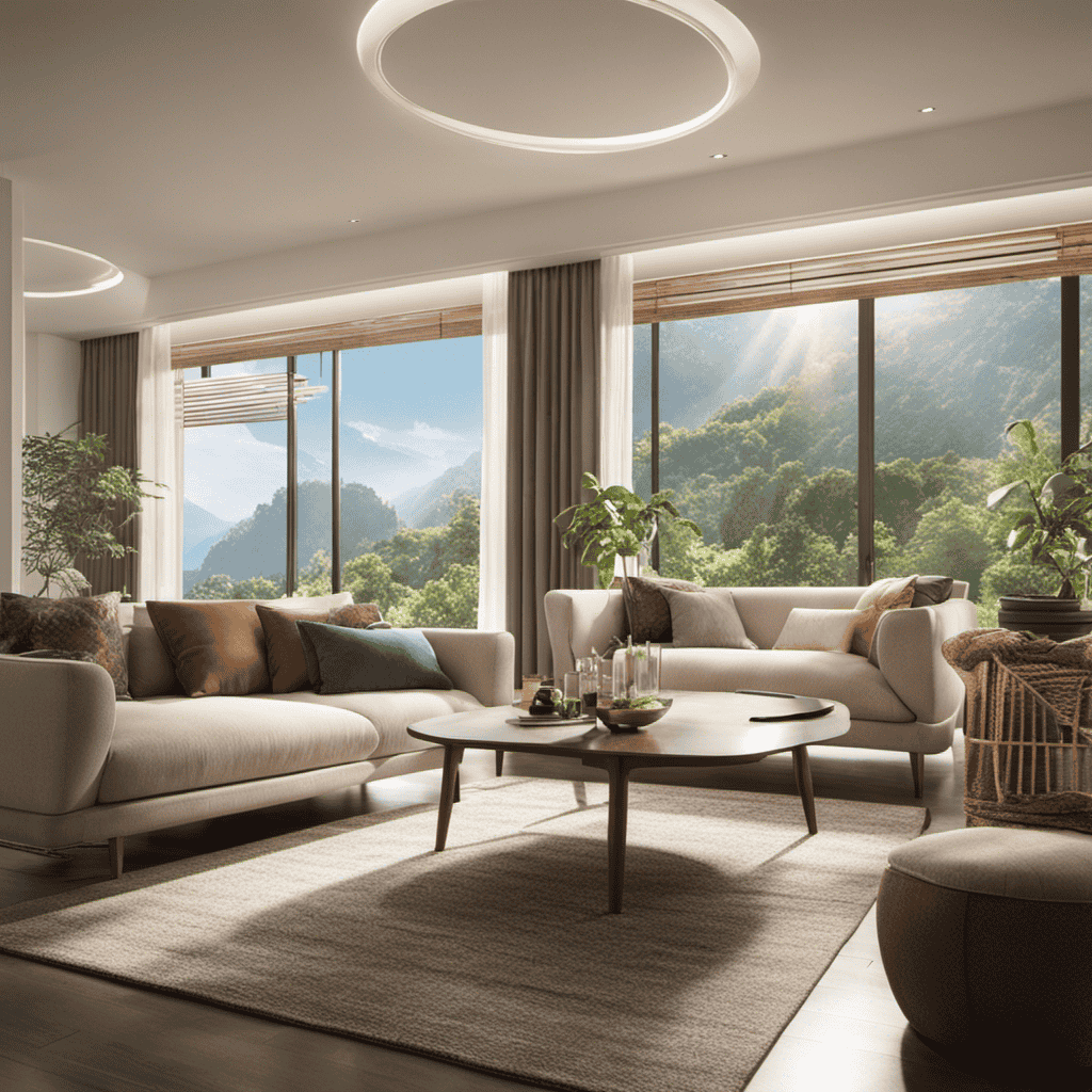 An image showcasing a serene living room with rays of sunlight filtering through freshly purified air