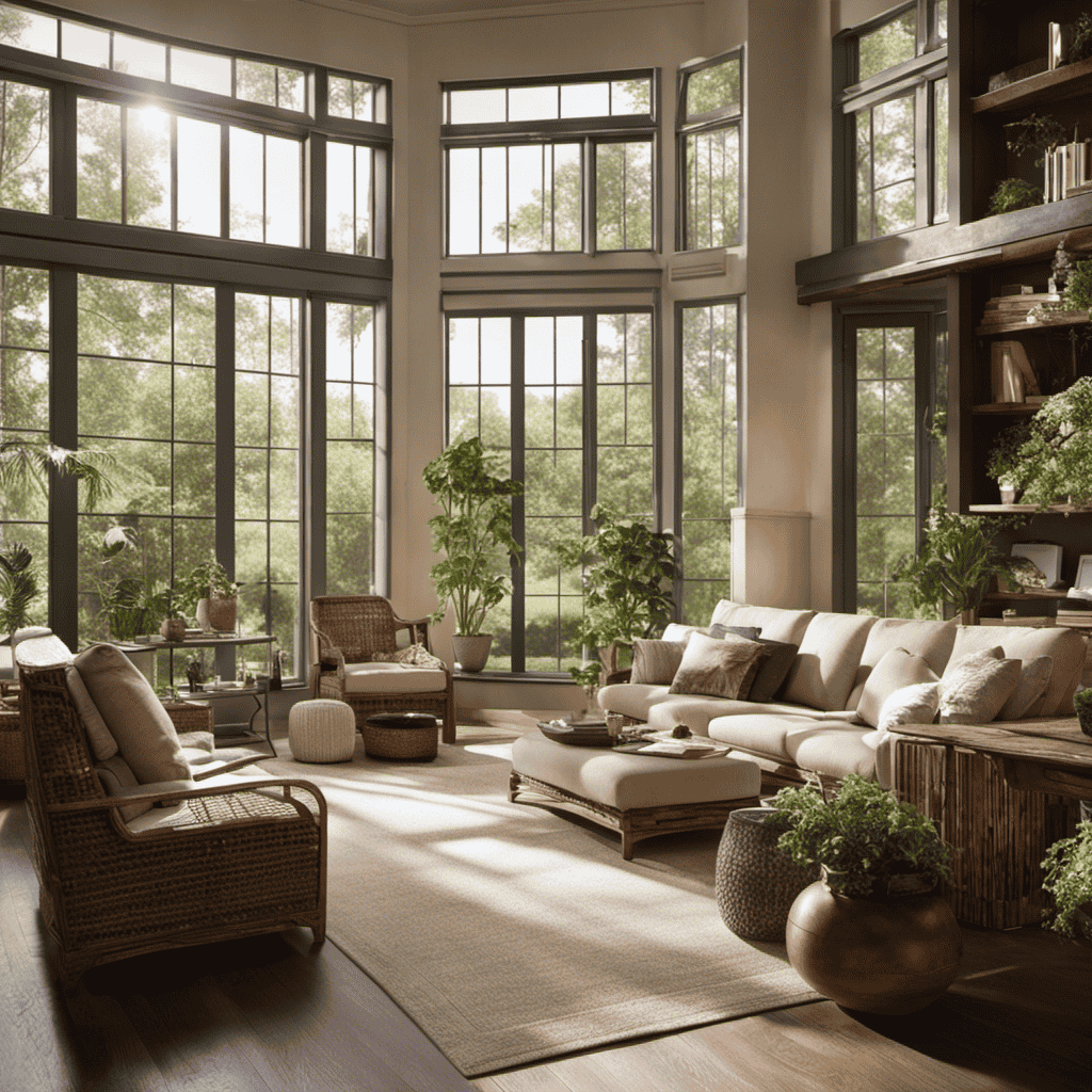 An image showcasing a serene living room with sunlight streaming in through clean windows, while an air purifier silently removes allergens, creating a fresh and healthy environment