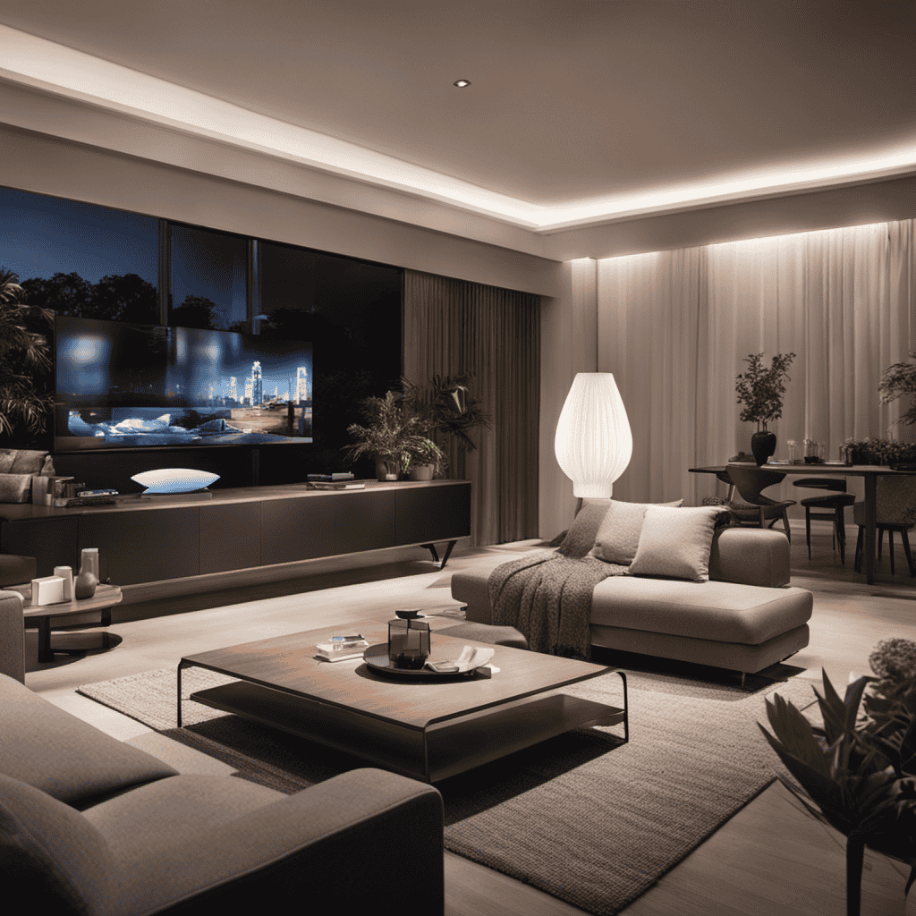 An image showcasing a sleek, modern living room with soft ambient lighting